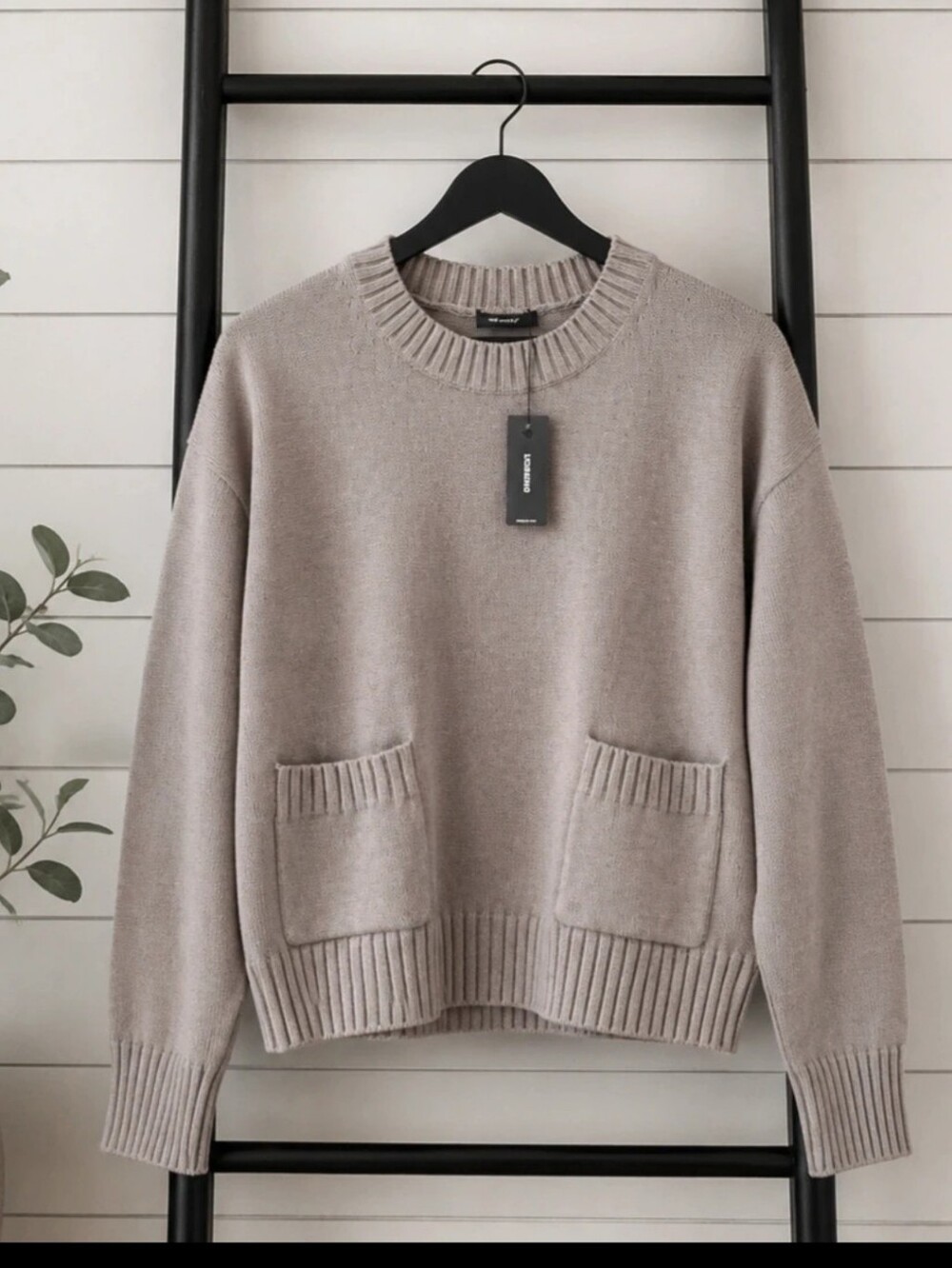 Express Neutral Taupe Crewneck Croppwd Sweater Front Pockets Sz S NWT